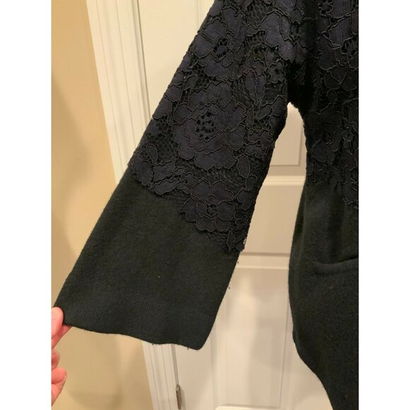 Field Flower Black 100% Wool Navy Blue Floral Lace Jacket, Size XS - Picture 3 of 10